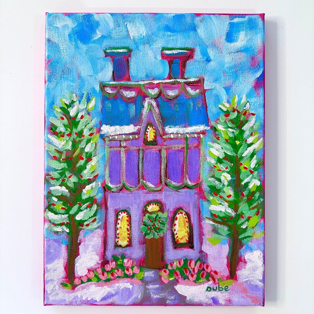 SOLD❣️Holiday Painting Decorative Christmas House Whimsical Landscape 9"x12"